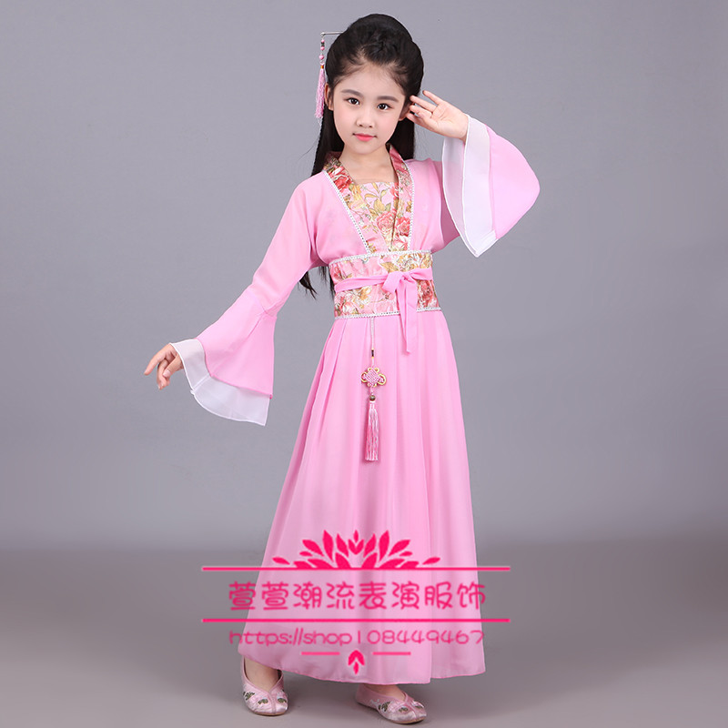 Trang phục trẻ em cổ tích Hanfu chaise cải thiện cô bé studio hiệu suất hình ảnh trang phục khiêu vũ guzheng bộ ông già noel trẻ em