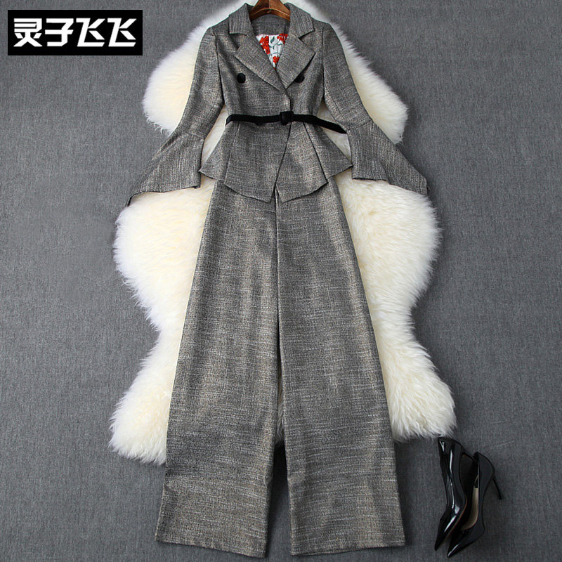 Early autumn Western-style fashion temperament professional bell-sleeved suit suit with a sense of falling thin wide-leg pants two-piece suit female