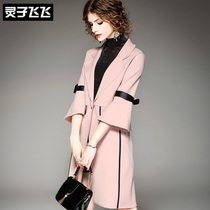 2019 autumn and winter popular mid-length pink thickened slim waist thin womens suit coat windbreaker jacket