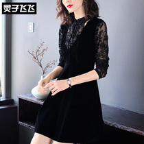 Autumn Winter Black collection Waist Display Slim Temperament Disc Buckle Qipao Improved Version Gold Velvet Flocking Inside to hit undercoat dress