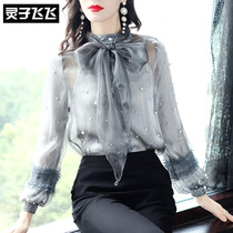 2019 Spring Dress New Lady Shirt Long Sleeve Butterfly Knot Lace Lotus Leaf Side Nail Pearl Bright Sheet Shirt Snow-spinning Shirt