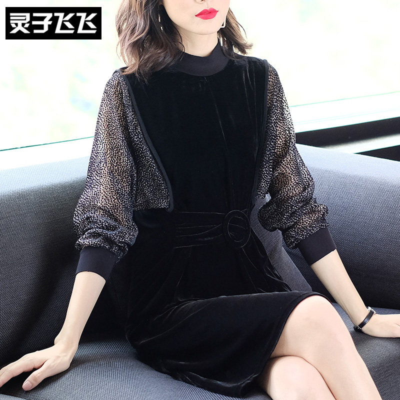 Fall and Winter Mid-Winter Mid-Mid-Winter Large-size Loose Bats Sleeve-Point Network Gold Velvet Dress