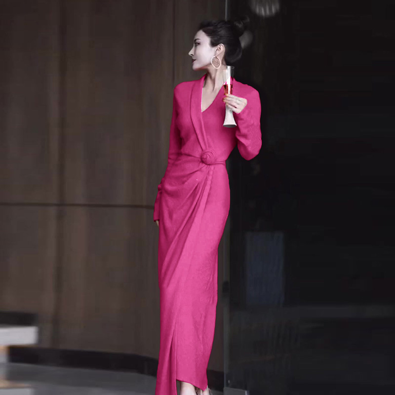 2025 Autumn Elegant Goddess Style Rose Red Evening Dress Slim Fit Bodycon Split Dress