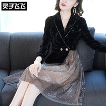 2019 fall new light ripeness suit collar temperament collection waist high waist display slim gold velvet splicing mesh yarn dress