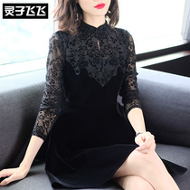 Autumn and winter Hepburn style small black skirt Black slim waist modified cheongsam Gold velvet inner tie bottoming dress female