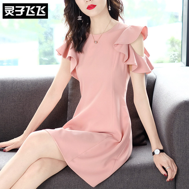 Summer pink celebrity light familiar wind wood ear side strapless ruffles slim fit waist a-line thin chiffon dress