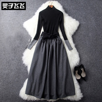 Winter light cooked style black long-sleeved mid-length slim-fit large swing thick sweater knitted bottoming suit dress female