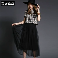 Lingzifeifei Châu Âu và Mỹ thời trang new vòng cổ sweetheart in ấn áo sơ mi cao eo lưới Một từ nữ dài váy cô gái phù hợp với mẫu váy chữ a