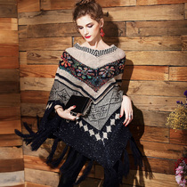 2016 autumn and winter clothes medium and long bat sleeve tassel cape shawl V-neck pullover thickened printed sweater sweater
