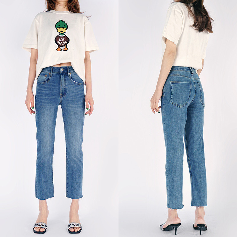 Redone Jeans High Waist Slim Fit Indigo Cigarette Pipe Straight Pants Washed Raw Edge Hip Lifting Nine-Point Pants for Women