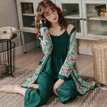 Summer pure cotton sleepwear with three sets of sleepwear womens loose increase code 200 haggle mm days style kimono suit spring and autumn