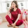 Mùa hè Hàn Quốc cotton ngắn tay quần pyjama cổ chữ V màu đỏ S nhỏ tay nửa có thể mặc bên ngoài phù hợp với dịch vụ gia đình đồ bộ kiểu