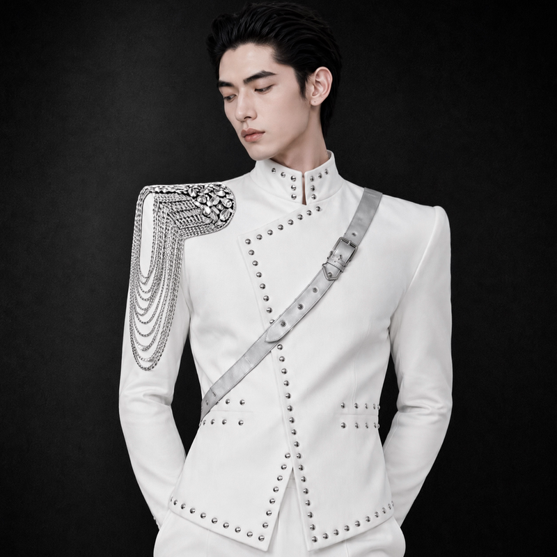 Fredomzone【Wasteland White Horseman】Wide-Shouldered, Narrow-Waisted Suit with a Celebrity Design, Waist-Cinching, Slim-Fit Performance Outfit for Men
