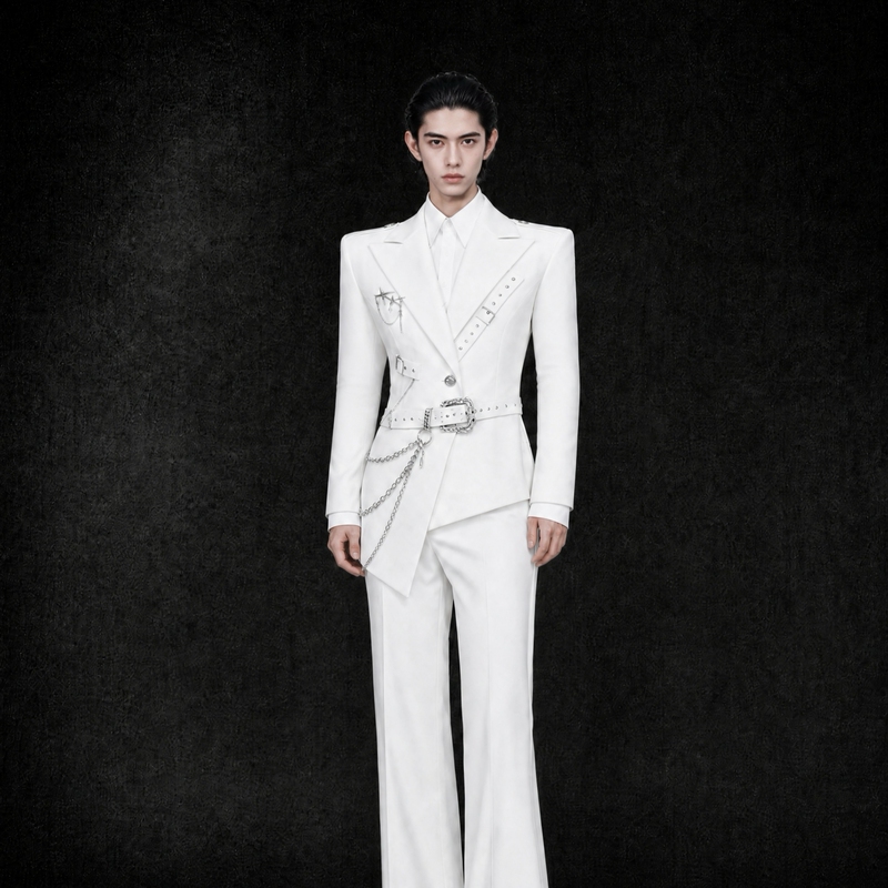 Fredomzone【Silver Thorn Starburst】Wide-Shouldered, Narrow-Waisted Suit with a Raised Hip, Irregular Hem, Waist-Cinching Performance Costume for Men Fredomzone【Silver Thorn Starburst】Wide-Shouldered, Narrow-Waisted Suit with a Raised Hip, Irregular Hem, Waist-Cinching Performance Costume for Men