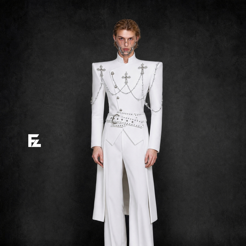 Fredomzone【White Ritual】Wide-Shouldered, Narrow-Waisted Suit with a Stylish Design, Waist-Cinching Dress, Performance Costume, Cape for Men
