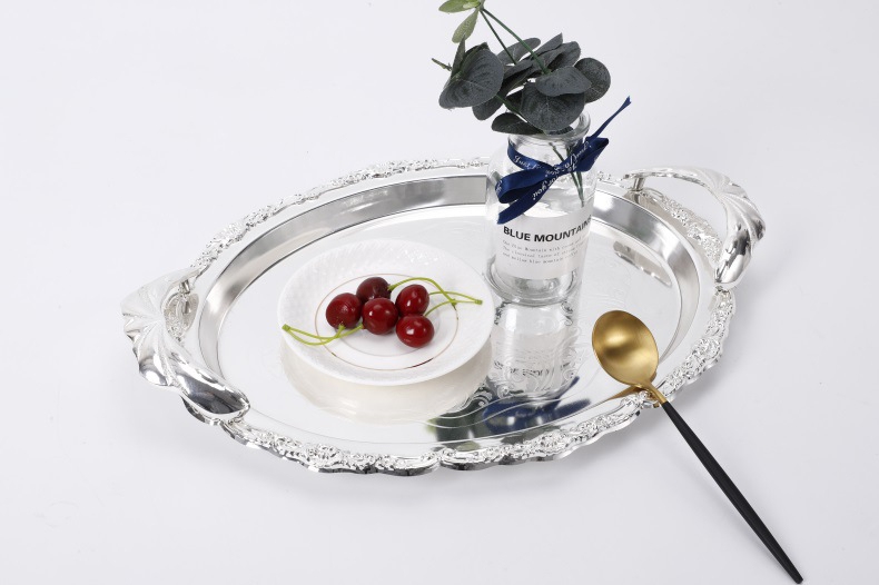 European-Style Metal Oval Plate, Fruit Plate, Antique Craft Tray, Patterned Silver and Gold Dessert Plate, Wedding Hotel