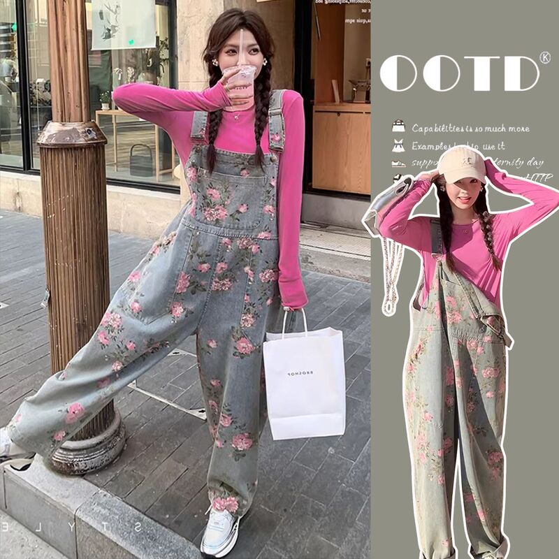 Maternity Denim Overalls Spring Outfit Sweet Cool Printed Loose Wide-Leg Pants Trendy Mom Casual Top Two-Piece Set for Women