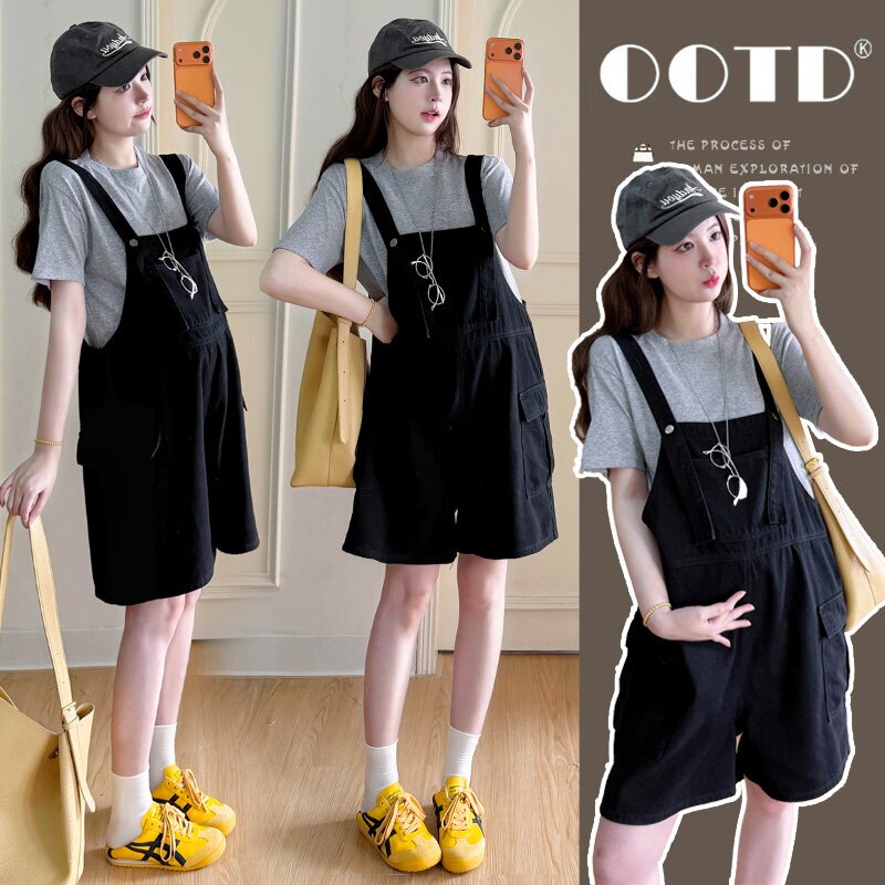 2026 Summer New Style Maternity Denim Overalls Loose Slimming Casual Workwear Shorts + Short-Sleeved Top Set
