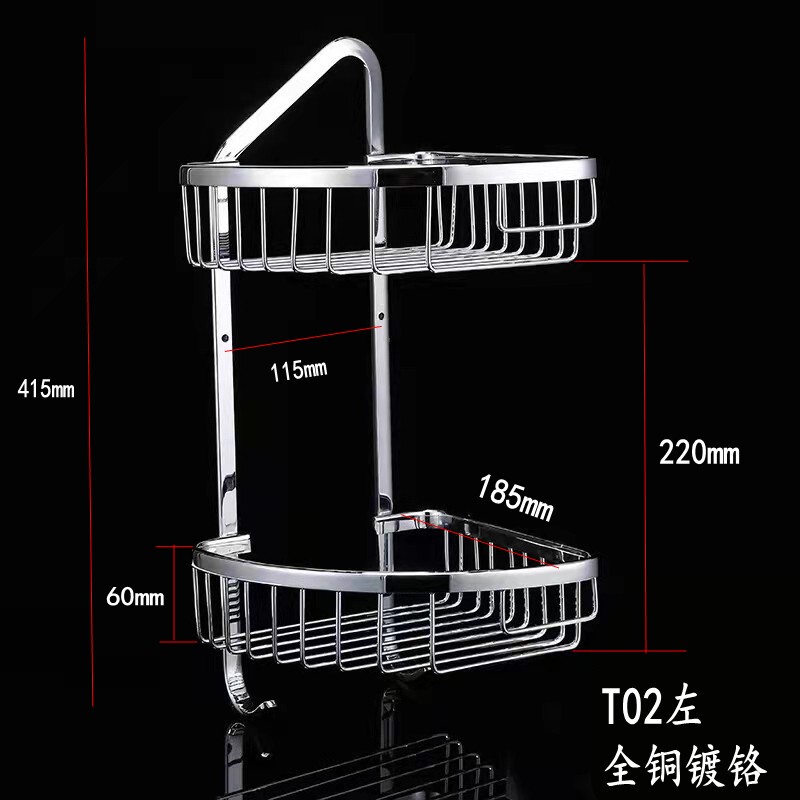 Copper Double-Layer Corner Shelf with Hooks, Soap Net, Bathroom Storage Rack, Single-Sided Wall-Mounted, 304 Solid Stainless Steel