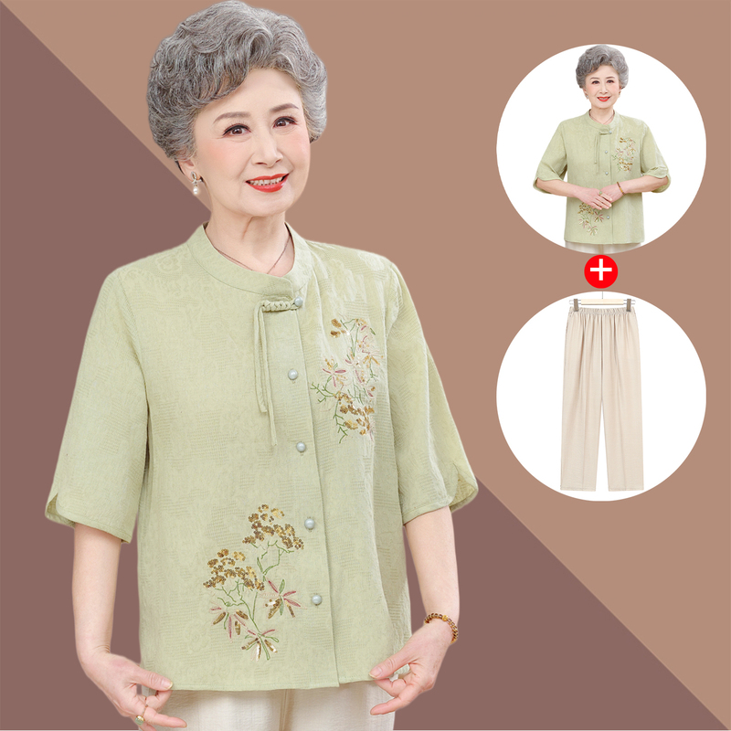 Mom's Summer Pure Cotton Shirt Set, New Style Cardigan Shirt for Middle-Aged and Elderly Women, Stylish Grandma's Summer Outfit