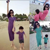 Summer dress Beach long skirt boys seaside parent-child clothing q4 childrens clothing baby short sleeve t-shirt three family clothes