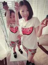 Childrens watermelon half-sleeved T-shirt parent-child summer Q4 boys short-sleeved tops gray shorts baby two-piece suit