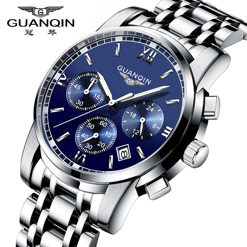 Guanqin watch men's quartz watch stainless steel belt men's watch automatic luminous waterproof men's watch multi-functional fashion