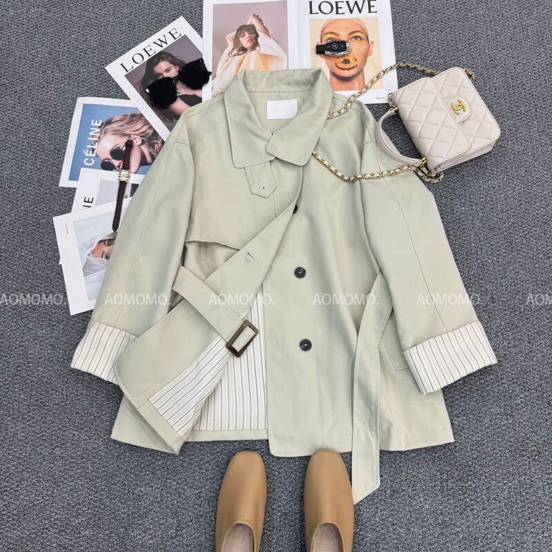 Spring Light-Colored Outfit Korean Style Lapel Trench Coat for Women, Mid-Length, Belted, Waist-Cinching, Slimming, High-End Feel Jacket