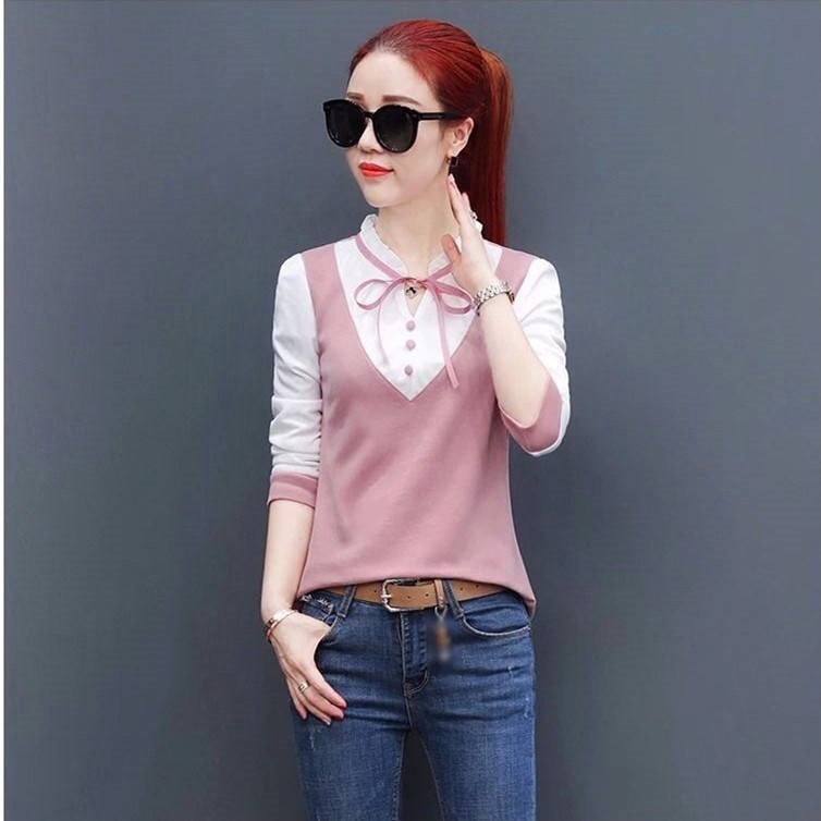 Fake two long sleeves T-shirt undershirt woman 2022 spring autumn new Korean version Fashion sashimi blouse shirt woman