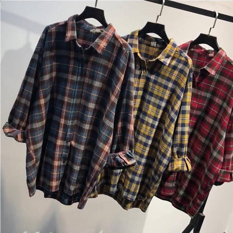 Abrasive Sweatshirt Female Plaid Long Sleeve Spring Autumn Season Loose large version blouse Korean version bf Leisure 100 hitch long layover tide