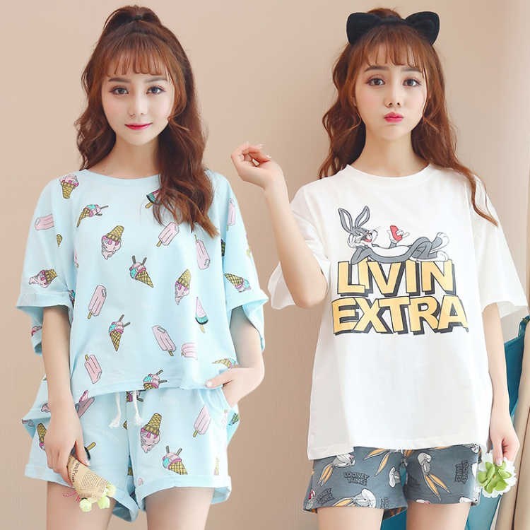 Sleepwear Female Summer Short Sleeve Shorts Pure Cotton Korean Version Schoolgirl Full Cotton Cute Teenage Girl Summer Suit Easy Home