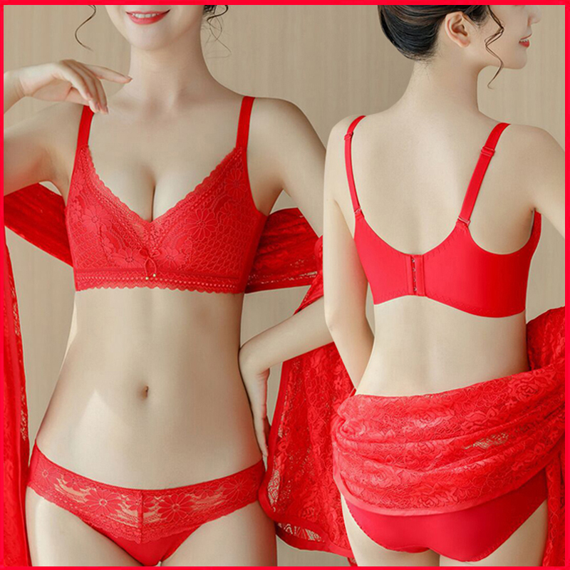 Honmei underwear women's set big red no underwire small breasts gathered to close the breast adjustment type sexy lace edge bra
