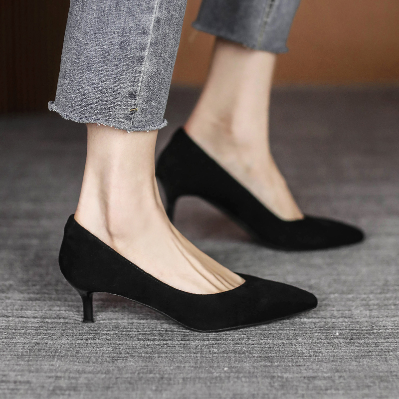 Genuine Suede Black High Heels Women's Stiletto Shoes Small Heel 3cm Pointed Toe Comfortable 5cm Interview Work Shoes