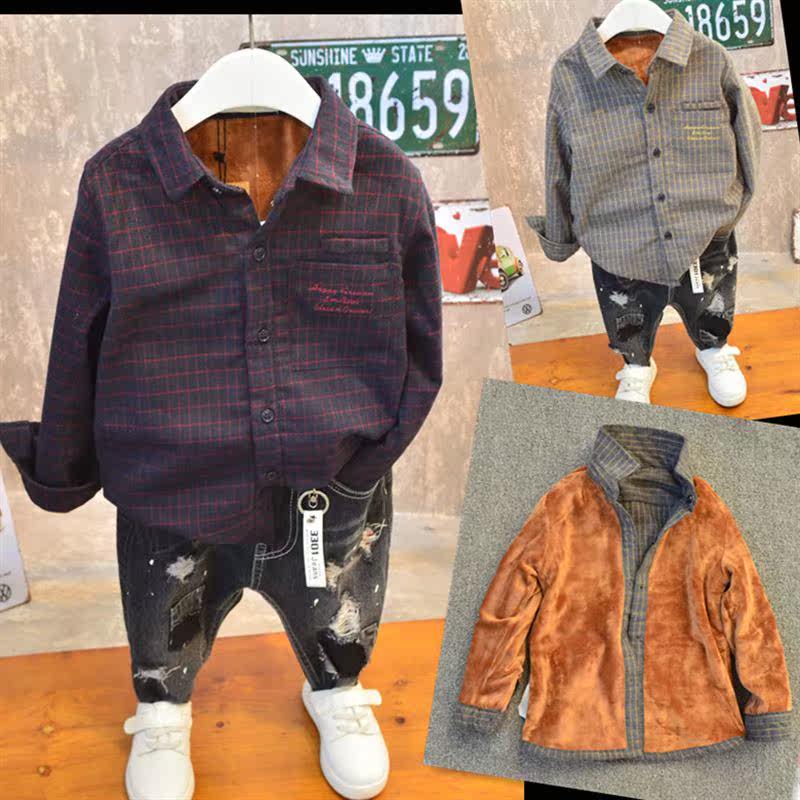 童装男童长袖衬衫秋冬 2017新款儿童纯棉上衣 加绒厚小格子衬衣潮