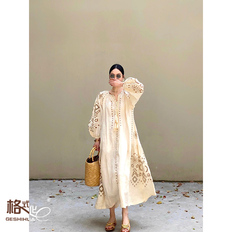 Bohemian Ethnic Style Dress for Women, Embroidered Hollow-Out Cotton and Linen Long Dress, Island Vacation Photo Shoot Beach Dress