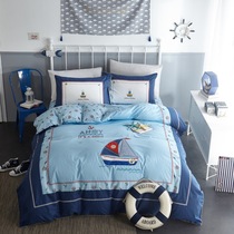 Embroidered Mediterranean-style blue cotton bedding four-piece set cotton bunk bed linen three-piece boy