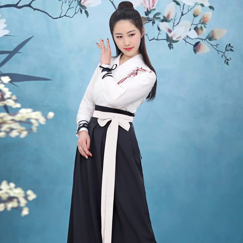 Cổ váy Han váy nữ cải thiện quần áo nhân của khách hàng ngày chéo cổ eo eo biểu diễn võ thuật Trung Quốc váy gió quần áo trẻ em