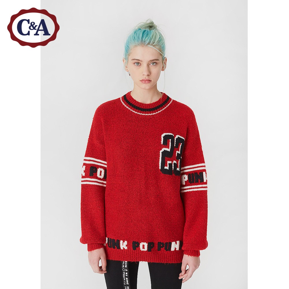 C&A字母提花宽松毛衣女 2018早春新款落肩中
