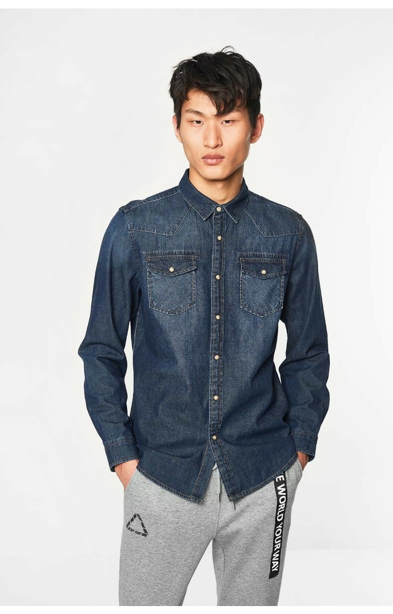 C & A retro màu xanh denim vá túi áo sơ mi nam 2018 đầu mùa xuân mới áo sơ mi denim CA200200338