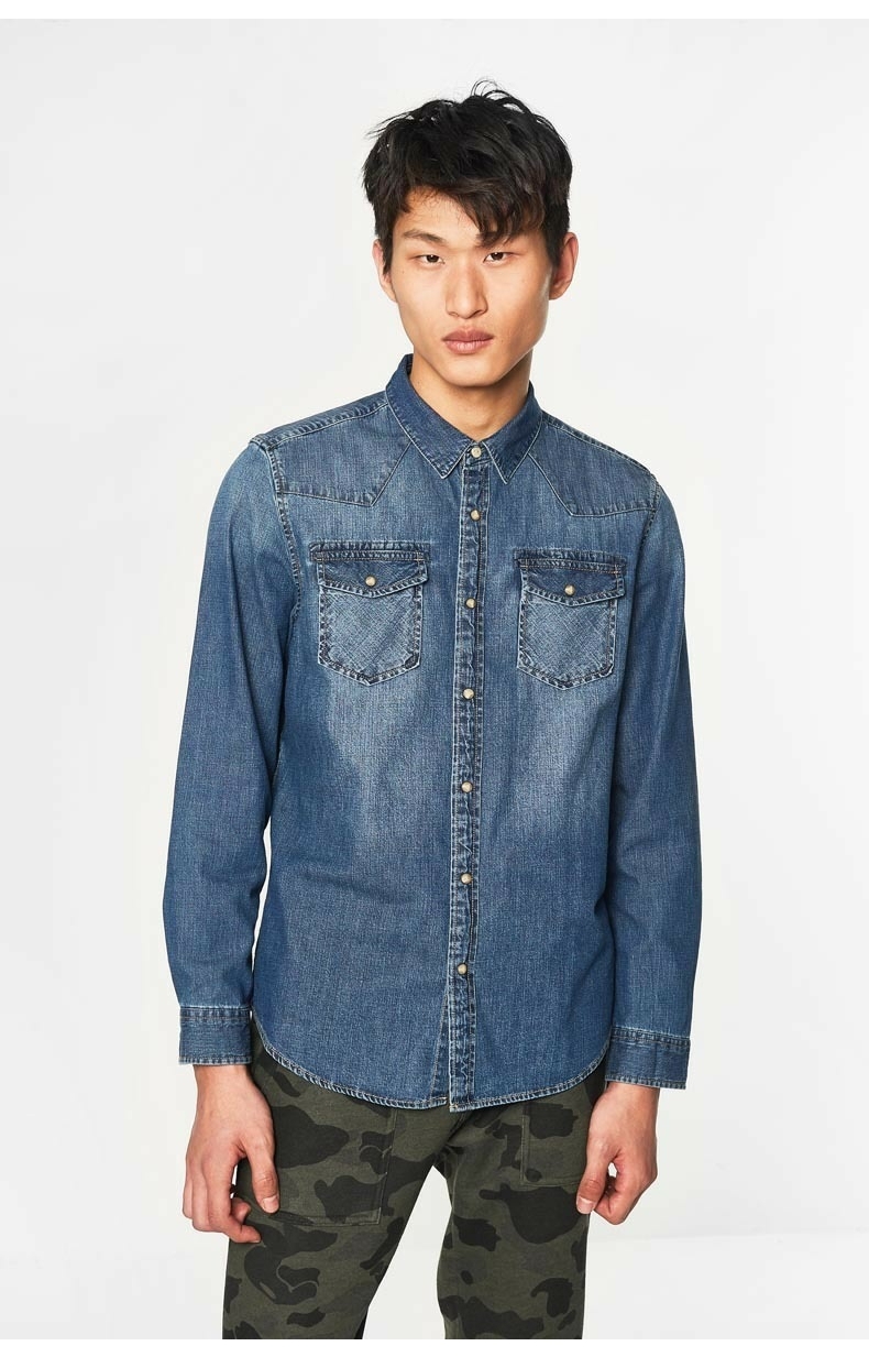 C & A retro màu xanh denim vá túi áo sơ mi nam 2018 đầu mùa xuân mới áo sơ mi denim CA200200338