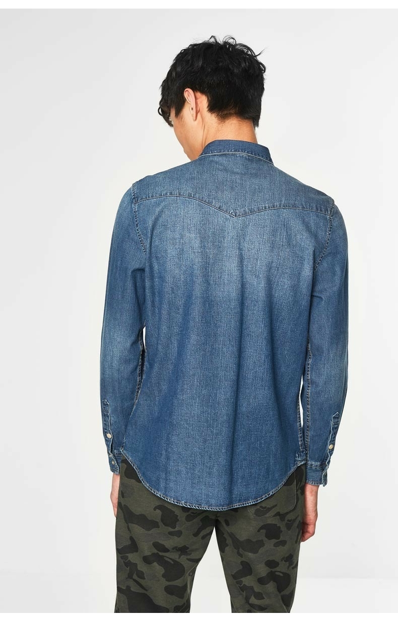 C & A retro màu xanh denim vá túi áo sơ mi nam 2018 đầu mùa xuân mới áo sơ mi denim CA200200338