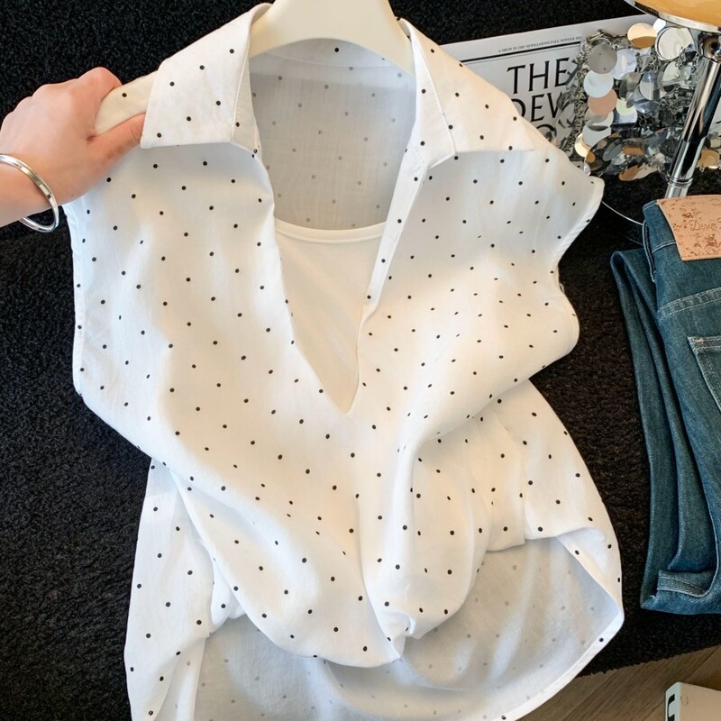Commuter Style Fake Two-Piece V-Neck Polka Dot Shirt for Women, Summer 2026 New Design, Slimming and Elegant Top for Women
