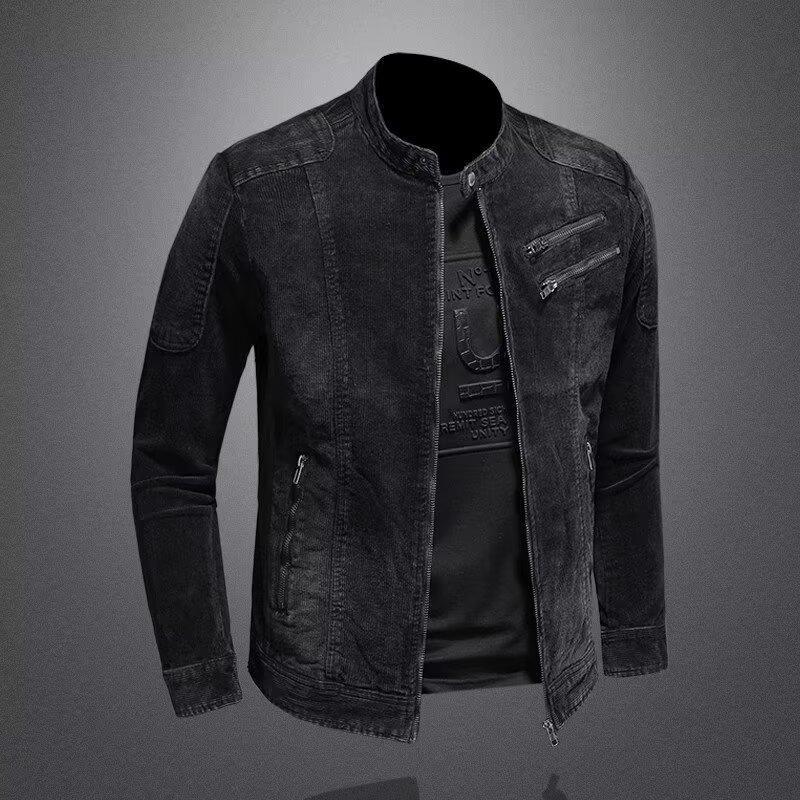 Black Spring and Autumn Casual Jacket for Men, High Street Fashion Brand, Zipper Decoration, Round Neck, European and American Casual Trendy Denim Jacket