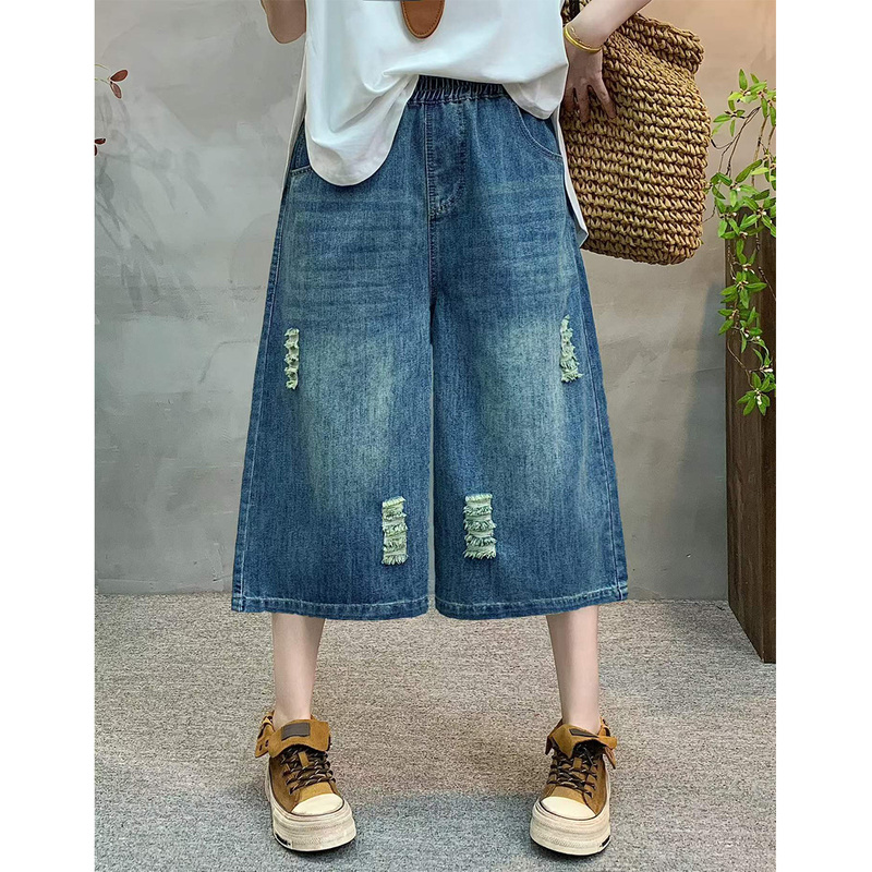 Women's Summer Thin Loose Ripped Casual Plus-Size 2026 Elastic Waist Ripped Cropped Jeans Wide-Leg Pants Women's Summer Thin Loose Ripped Casual Plus-Size 2026 Elastic Waist Ripped Cropped Jeans Wide-Leg Pants