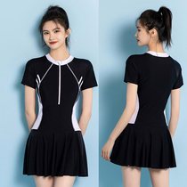 High Junior High School Students Black Conjoined Dress Swimsuit Women Conservative Youth Great Boy Less Girl Covered With Slim Fit Swimsuit