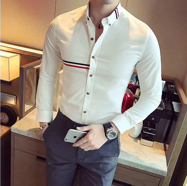 High-end hair stylist white long sleeve shirt for men's Korean version striped free of ironing trend and high sense light lavish shirt