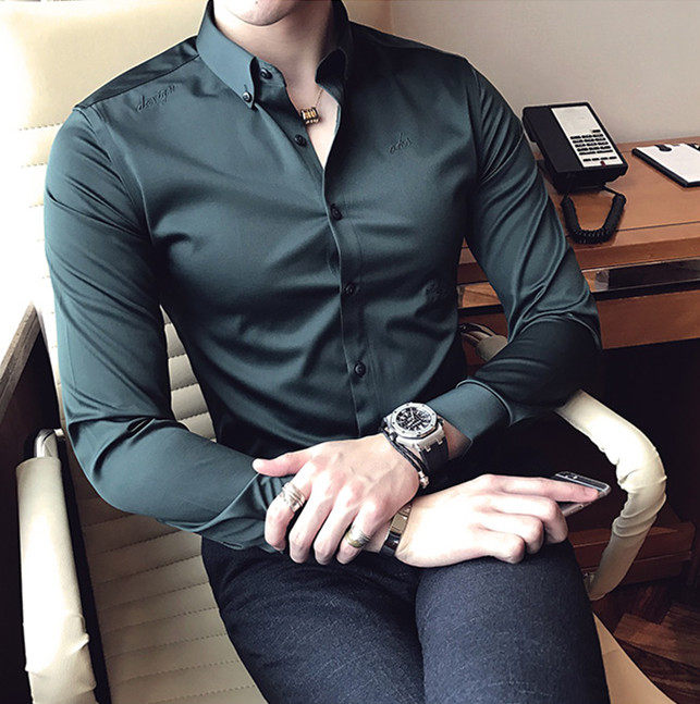 High-end pure color shirt jacket men's long sleeves Korean version trendy upscale rufflet-ups Ironing Business Casual Positive Dress Shirt