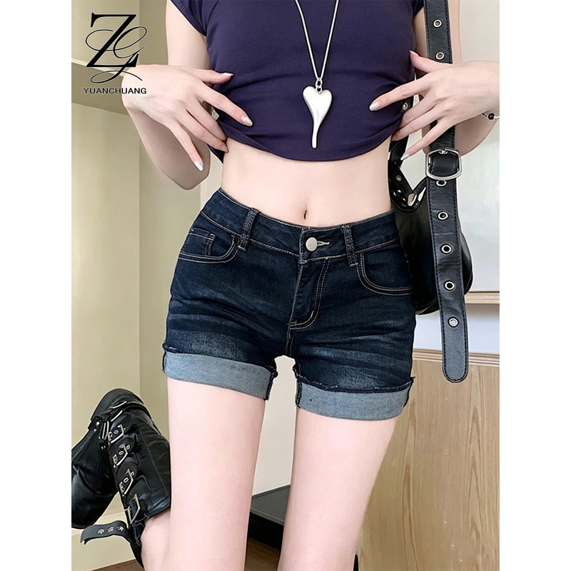 American Retro Rolled-Edge Denim Shorts for Women, Summer 2026 New Style, Low-Waist, Stretchy, Slimming, Not Revealing the Buttocks, A-Line Hot Pants