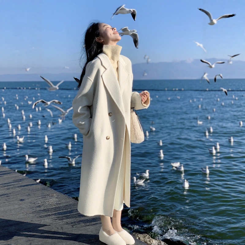 Double-Sided Cashmere Coat for Women, Korean Style, Mid-Length, 2025 Autumn and Winter New Style, Loose Fit, Petite, High-End Woolen Coat