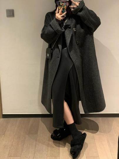 黑灰色双面羊绒大衣女2025秋冬新款中长款高级感羊毛呢子韩系外套